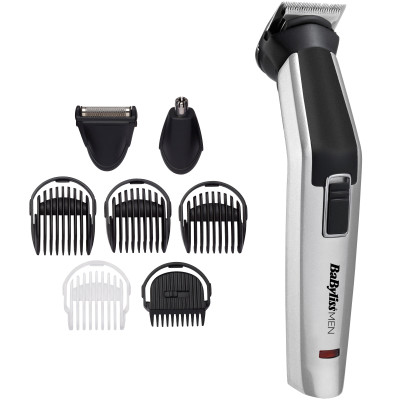 BaByliss Набір для стрижки, для бороди, вусів, голови, носа і тіла, акум., вібраційний мотор, насадок-8, чохол, сталь, сірий