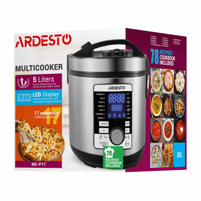 ARDESTO Мультиварка MC-P17, 860Вт, чаша-5л, електр. керування , книга рецептів, нерж. сталь+пластик, срібляста