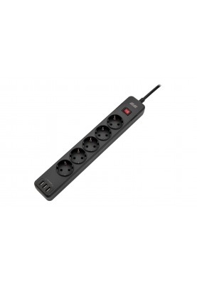 2E Мережевий фільтр 5XSchuko із захистом від імпульсних стрибків напруги, 3G*1.5мм, 3*USB-A, 2м, black