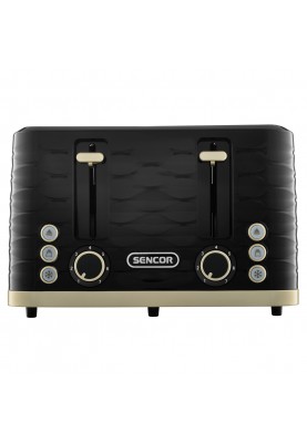 Sencor Тостер 1600Вт, підігрів, розморожування, 4 слоти, пластик, чорно-золотий