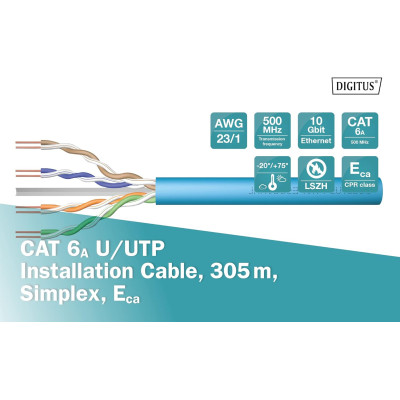 Digitus CAT 6A U-UTP, 305m, AWG 23/1, LSZH, голубой Digitus CAT 6A U-UTP, 305m, AWG 23/1, LSZH, голубой