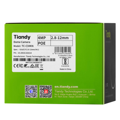 Tiandy Камера IP TC-C34KN, 4MP, Dome, 2.8-12mm AVF, f/1.6, IR30m, PoE, IP66 Tiandy Камера IP TC-C34KN, 4MP, Dome, 2.8-12mm AVF, f/1.6, IR30m, PoE, IP66