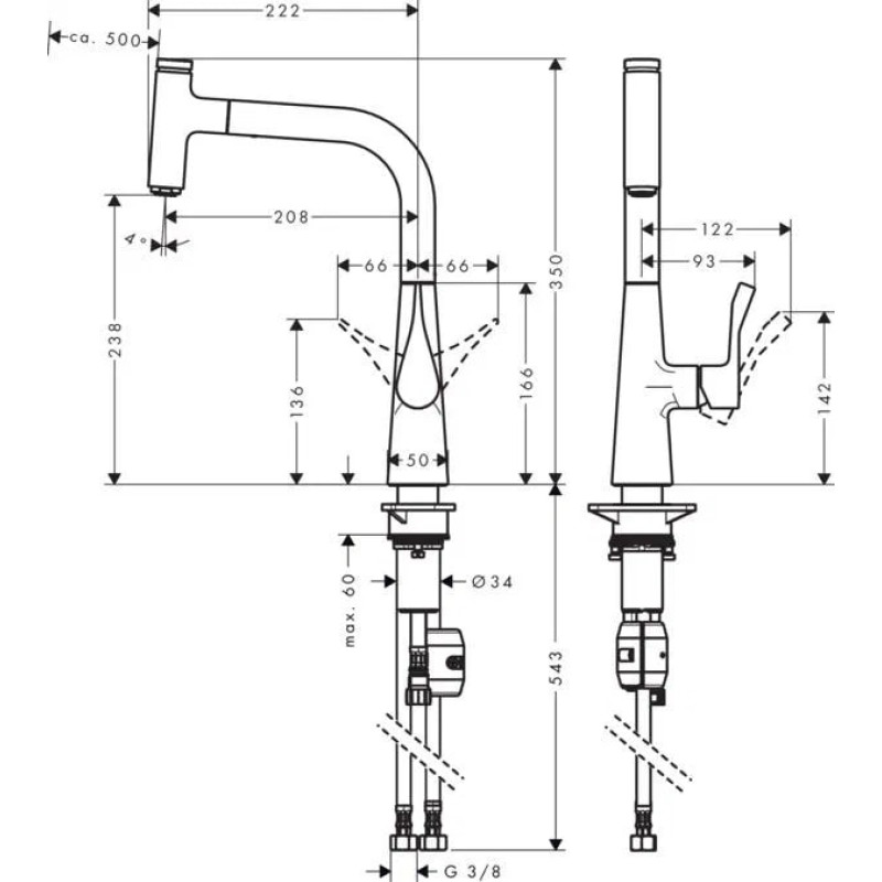 Hansgrohe Змішувач для кухні Metris Select, довж.виливу - 222мм, поворотний, витяжний, важіль + кнопка, хром