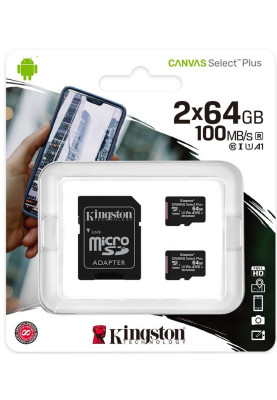 Kingston Карта пам'яті 2x64GB microSDXC C10 UHS-I R100MB/s Canvas Select Plus + SD