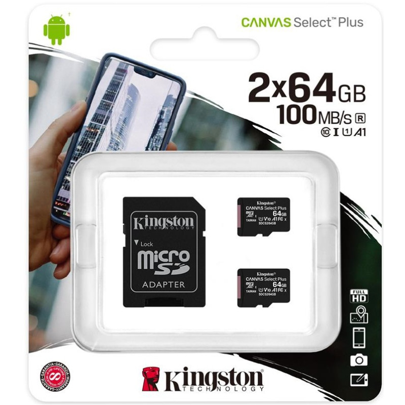 Kingston Карта пам'яті 2x64GB microSDXC C10 UHS-I R100MB/s Canvas Select Plus + SD