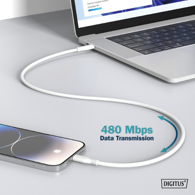 Digitus USB-A > Lightning заряджання/синхронізації, 1м, USB 2.0, 12W, силіконовий, білий