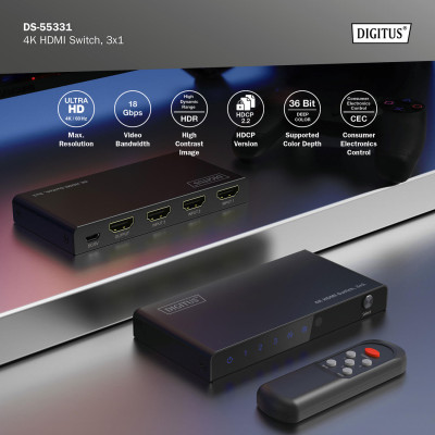 Digitus Відеокомутатор UHD HDMI (INx3 - OUTx1), 4K Digitus Відеокомутатор UHD HDMI (INx3 - OUTx1), 4K