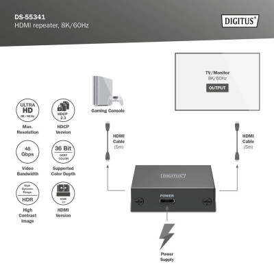 Digitus Повторювач HDMI, 8K/60 Гц (10 м 8K/60 Гц), (13 м 4K/60 Гц)