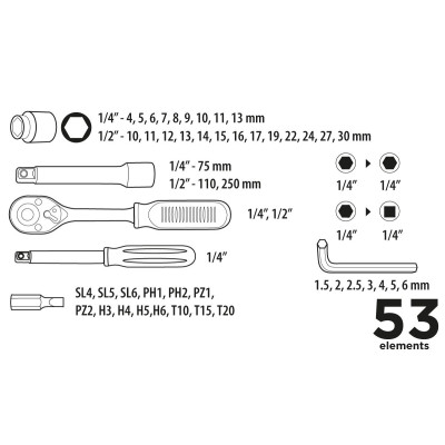 Top Tools Набір інструментів, 1/2", 1/4", 53шт Top Tools Набір інструментів, 1/2", 1/4", 53шт