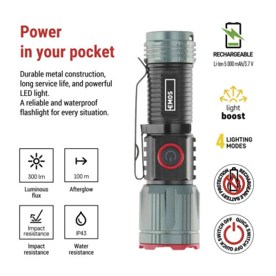 Ліхтар акумуляторний Emos P3120 300 Lm 700 mAh Li-Ion метал фокус Ліхтар акумуляторний Emos P3120 300 Lm 700 mAh Li-Ion метал фокус