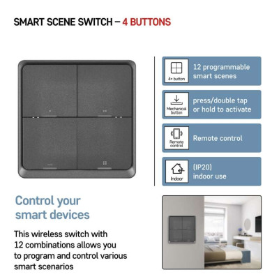Розумний вимикач EMOS H5016 4 кнопки, ZigBee 3.0, чорний Розумний вимикач EMOS H5016 4 кнопки, ZigBee 3.0, чорний