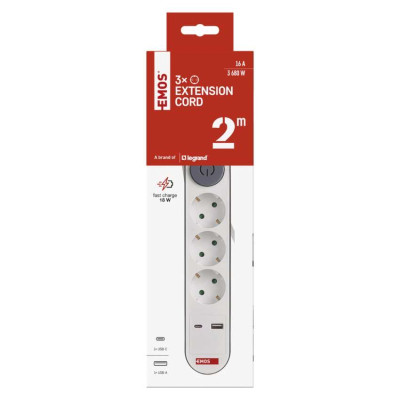 Мережевий подовжувач Emos P1322PD 3 розетки 2 м 1,5 мм² USB-A USB-C Мережевий подовжувач Emos P1322PD 3 розетки 2 м 1,5 мм² USB-A USB-C