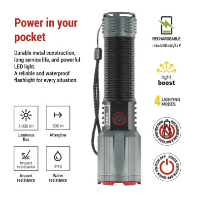 Ліхтар акумуляторний Emos P3122 3000 Lm Li-Ion 5000 mAh метал фокус Ліхтар акумуляторний Emos P3122 3000 Lm Li-Ion 5000 mAh метал фокус