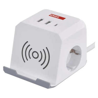 Мережевий адаптер подовжувач Emos P0222CQ 2 розетки 2 м 1,5 мм² USB-A USB-C Qi