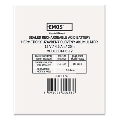 Акумуляторна батарея EMOS B9653, AGM, 12V, 4.5Ah, fast 4,7mm Акумуляторна батарея EMOS B9653, AGM, 12V, 4.5Ah, fast 4,7mm