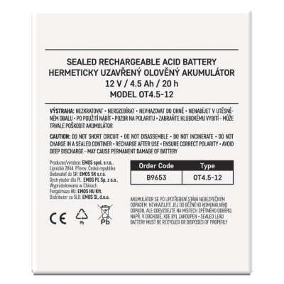 Акумуляторна батарея EMOS B9653, AGM, 12V, 4.5Ah, fast 4,7mm Акумуляторна батарея EMOS B9653, AGM, 12V, 4.5Ah, fast 4,7mm