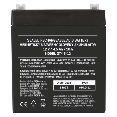 Акумуляторна батарея EMOS B9653, AGM, 12V, 4.5Ah, fast 4,7mm Акумуляторна батарея EMOS B9653, AGM, 12V, 4.5Ah, fast 4,7mm