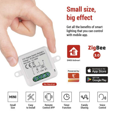 Розумний модуль перемикача EMOS H5103, ZigBee 3.0, 1-канальний не потребує N-проводу
