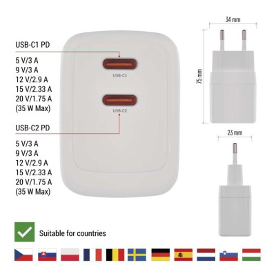 Універсальний USB зарядний пристрій EMOS V03G35 2xUSB-С 15W 220V Універсальний USB зарядний пристрій EMOS V03G35 2xUSB-С 15W 220V
