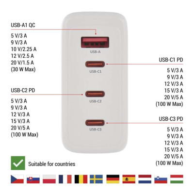 Універсальний USB GAN зарядний пристрій EMOS V06G120 1xUSB-A, 3xUB-C 120W 220V PD Універсальний USB GAN зарядний пристрій EMOS V06G120 1xUSB-A, 3xUB-C 120W 220V PD