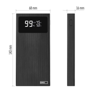 Павербанк EMOS B0531B BetaQ 10 22,5W / 10000mAh, чорний, PD20W Павербанк EMOS B0531B BetaQ 10 22,5W / 10000mAh, чорний, PD20W