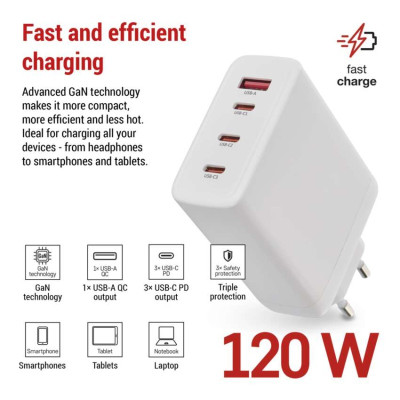 Універсальний USB GAN зарядний пристрій EMOS V06G120 1xUSB-A, 3xUB-C 120W 220V PD Універсальний USB GAN зарядний пристрій EMOS V06G120 1xUSB-A, 3xUB-C 120W 220V PD