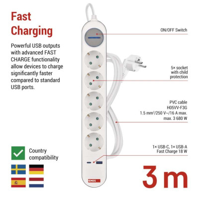 Мережевий подовжувач Emos P1523FC 5 розеток 3 м 1,5 мм² USB-A USB-C