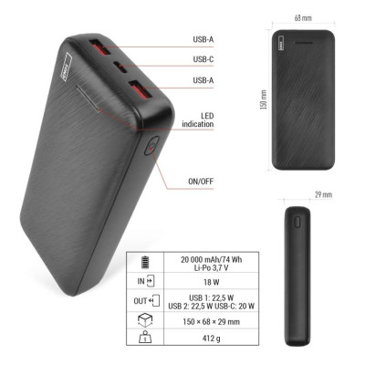 Павербанк EMOS B0572B 22,5W/20000mAh, чорний, PD20W Павербанк EMOS B0572B 22,5W/20000mAh, чорний, PD20W
