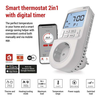 Термостат EMOS P56601SH 2-в-1 з цифровим таймером, штепсельною вилкою, WiFi