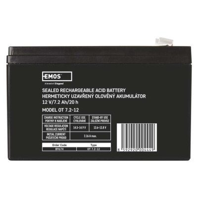 Акумуляторна батарея EMOS B9674, AGM, 12V, 7,2Ah, fast 6,3mm Акумуляторна батарея EMOS B9674, AGM, 12V, 7,2Ah, fast 6,3mm