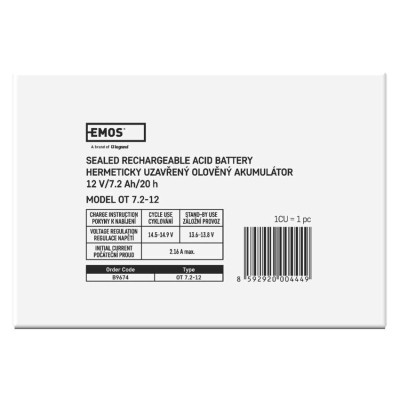 Акумуляторна батарея EMOS B9674, AGM, 12V, 7,2Ah, fast 6,3mm Акумуляторна батарея EMOS B9674, AGM, 12V, 7,2Ah, fast 6,3mm
