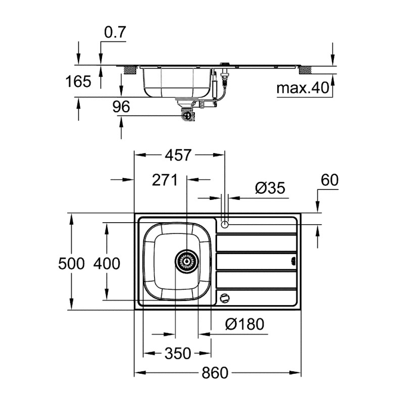 Комплект Мийка для кухні 860 x 500 мм + Eurosmart Одноважільний змішувач (31565SD1)