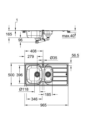 Мийка для кухні 965 x 500 мм з ексцентриком, 2 чаші, матова (31564SD1)
