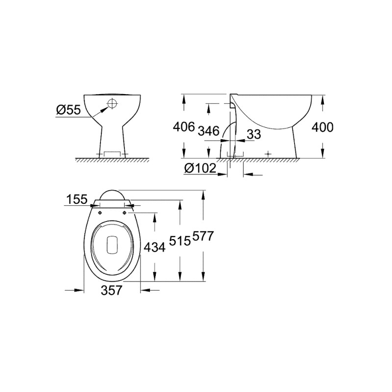 Підлоговий безободковий унітаз Bau Ceramic, вертикальний випуск (39431000)