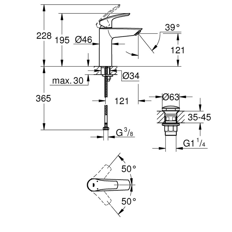 Eurosmart New Одноважільний змішувач для раковини M-Size + натискний донний клапан (23923003)