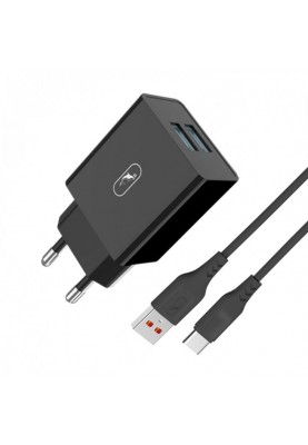 Зарядний пристрій SkyDolphin SC30T (2USB, 2.1A) Black (MZP-000171) + кабель USB Type-C