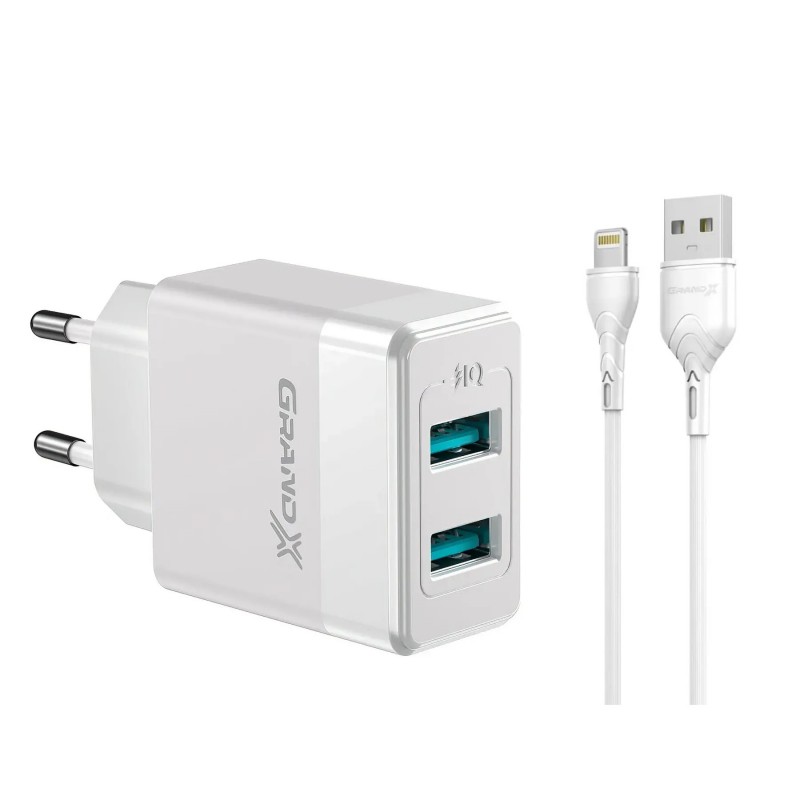 Мережевий зарядний пристрій Grand-X CH-50WL (2xUSB 2.4А) White + кабель Lightning