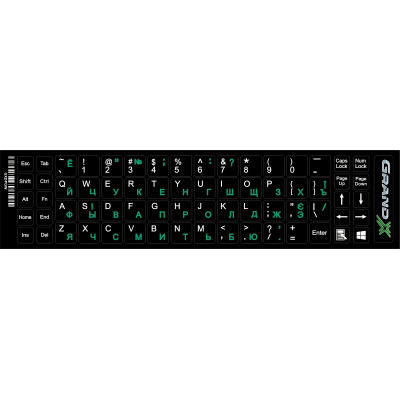 Наліпка на клавіатуру Grand-X 68 keys Cyrillic green, Latin white (GXDPGW)