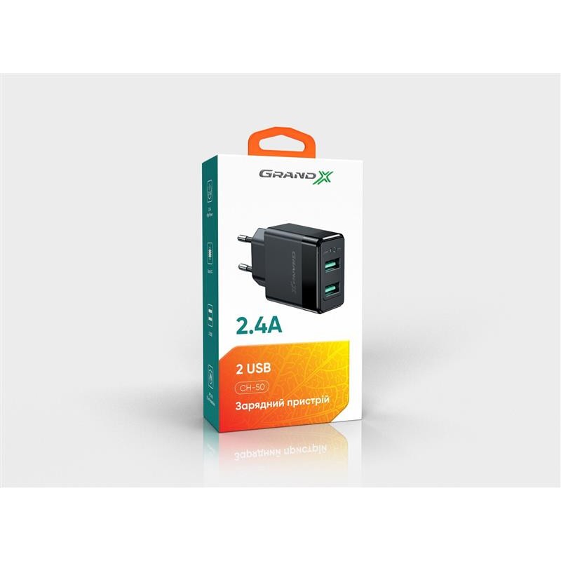 Мережевий зарядний пристрій Grand-X (2xUSB 2.4А) Black (CH-50)