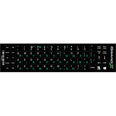 Наліпка на клавіатуру Grand-X 68 keys Green, Latin Ukr white (GXDGUA)