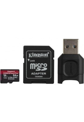 Карта пам`ятi MicroSDXC 64GB UHS-II/U3 Class 10 Kingston Canvas React Plus R285/W165MB/s + SD-адаптер + USB-кардридер (MLPMR2/64GB)