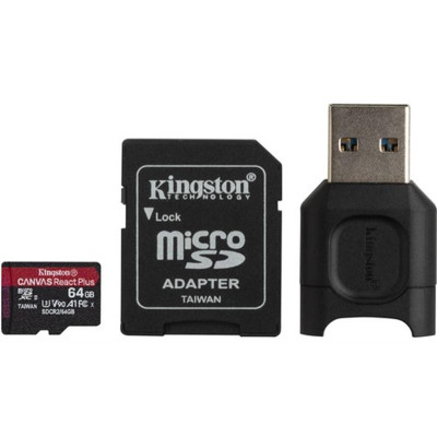Карта пам`ятi MicroSDXC 64GB UHS-II/U3 Class 10 Kingston Canvas React Plus R285/W165MB/s + SD-адаптер + USB-кардридер (MLPMR2/64GB)