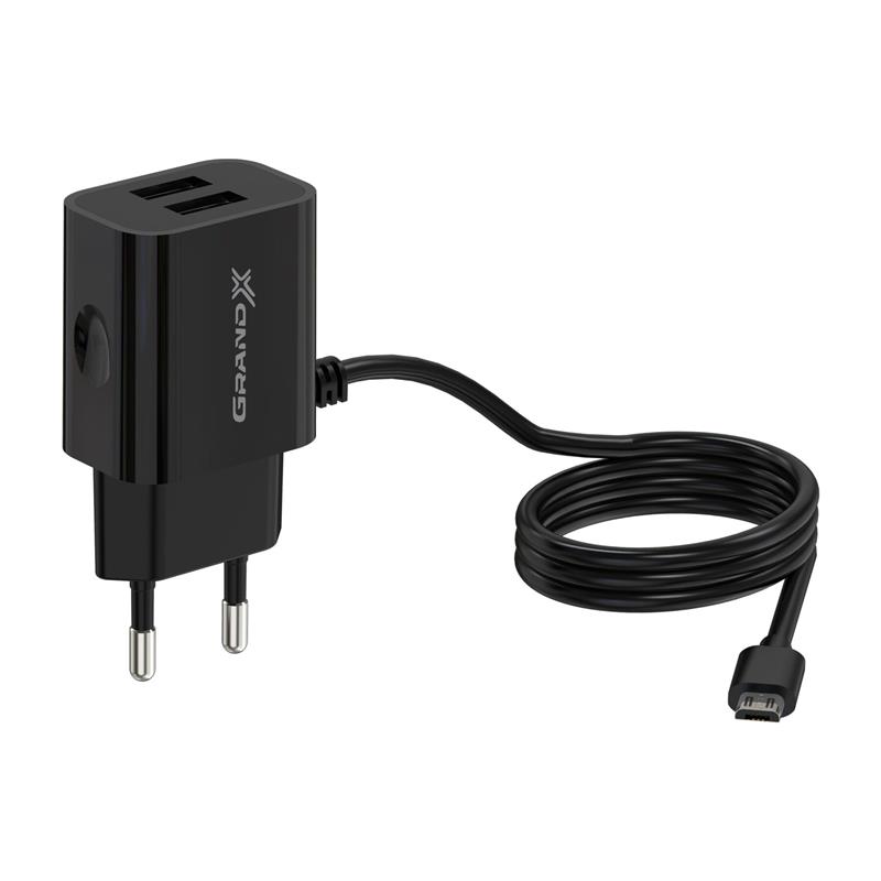 Мережевий зарядний пристрій Grand-X (2xUSB 2.1A) Black (CH-35B) + кабель microUSB