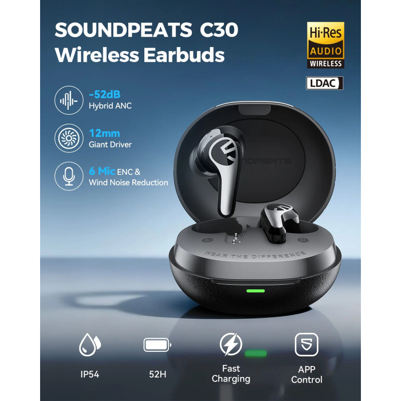 Бездротові навушники TWS SOUNDPEATS C30 з гібридним шумозаглушенням та Hi-Res Audio  (Чорний)