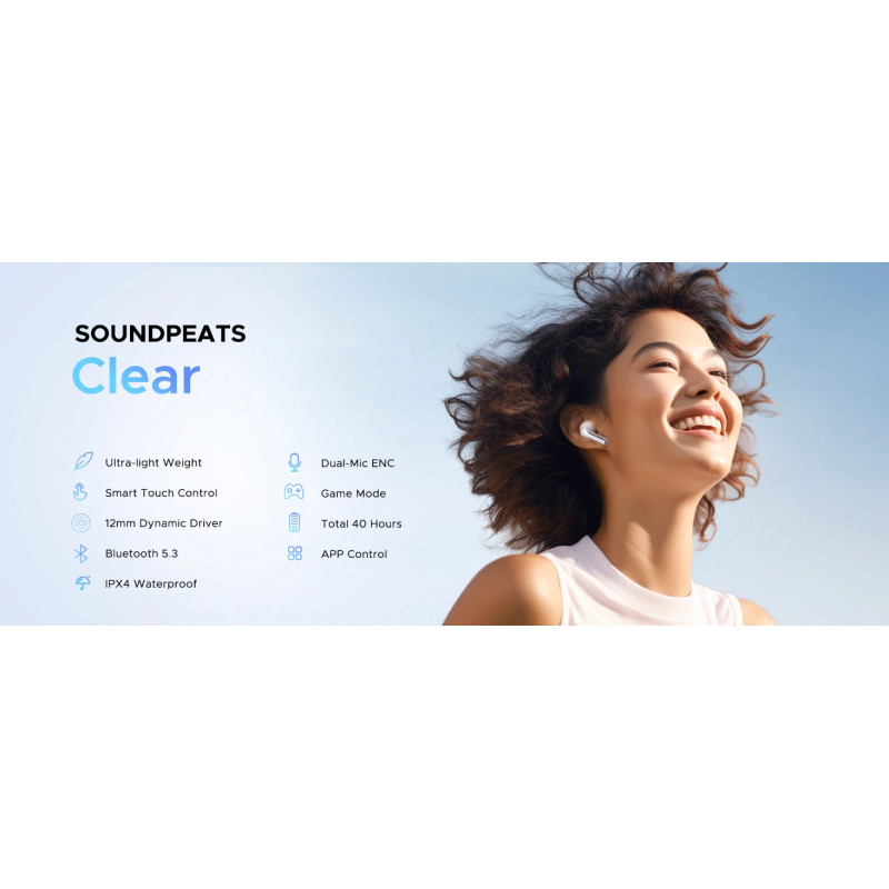 Бездротові навушники TWS SoundPEATS Clear у прозорому корпусі з потужними басами (Білий)