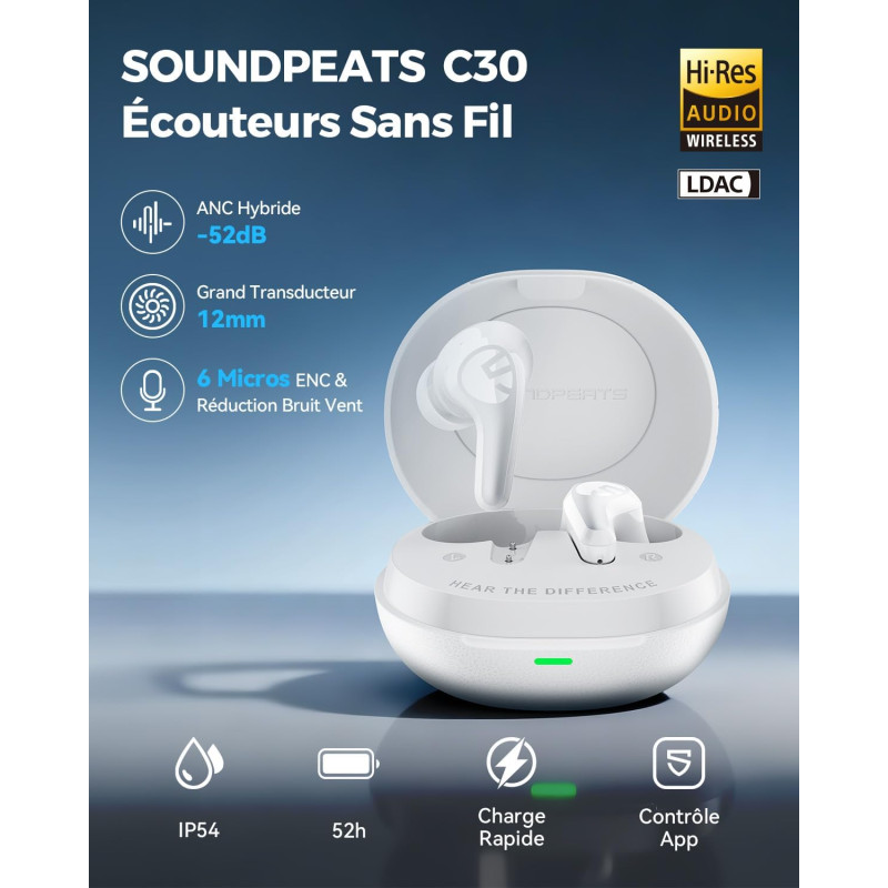 Бездротові навушники TWS SOUNDPEATS C30 з гібридним шумозаглушенням та Hi-Res Audio  (Білий)