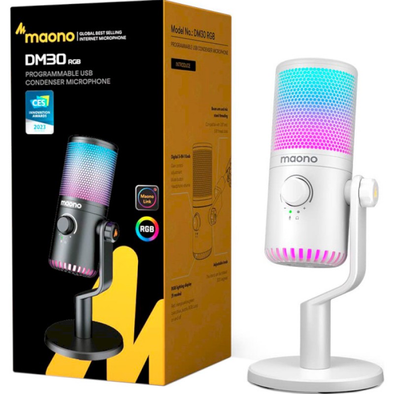 Ігровий USB мікрофон Maono DM30 RGB з підсвічуванням (Білий)