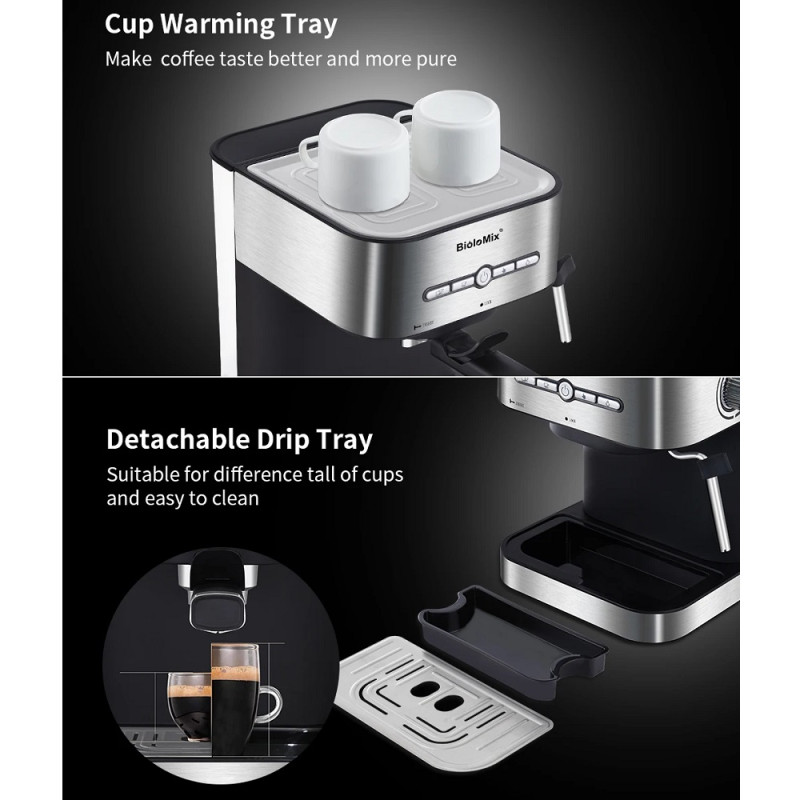 Кавоварка ріжкова BioloMix CM6866 Espresso Machine 2-in-1 зі спінювачем для молока (Сірий)
