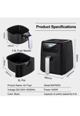 Аерогриль фритюрниця BioloMix BAF500D Air Fryer 5L для смаження без масла (Чорний)