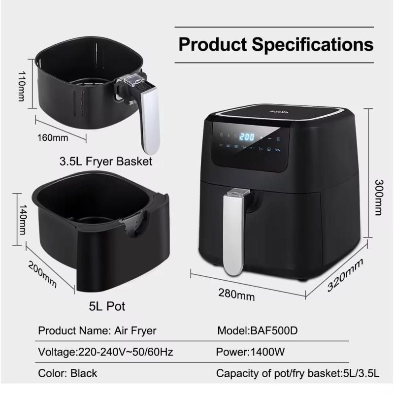 Аерогриль фритюрниця BioloMix BAF500D Air Fryer 5L для смаження без масла (Чорний)